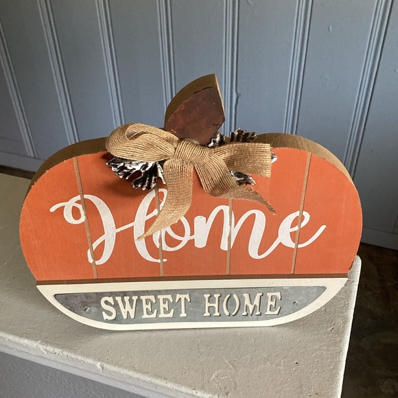 NWT HOME SWEET HOME Slatted Solid Wood & Galvanized Pumpkin Decor Sign 🍁s & Bow - Picture 12 of 17